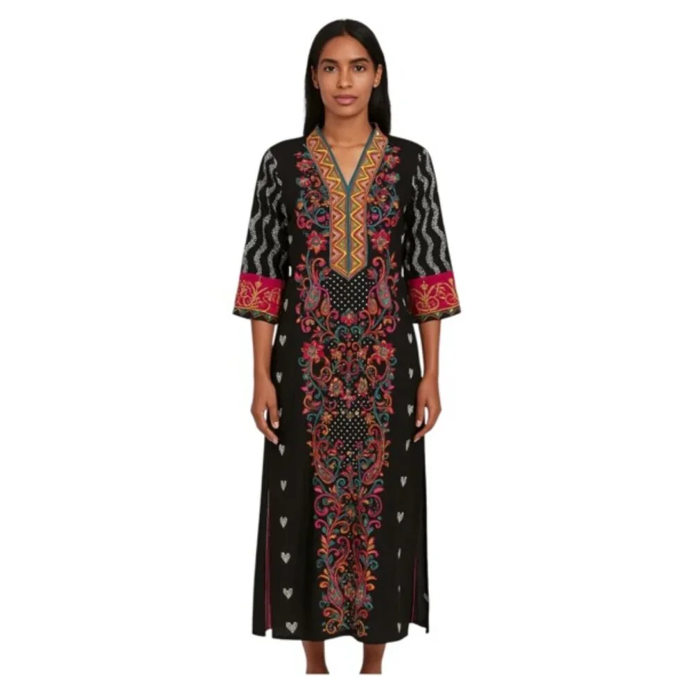 Unbranded Medium Large Black Side Slit Long Sleeve Embroidered Kaftan Midi Dress - Picture 1 of 6
